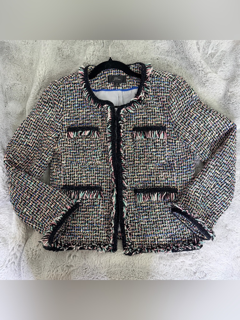 J. Crew Rainbow Tweed Luisa Lady Jacket Black Multi Fringe Boucle Size 0 -K9835